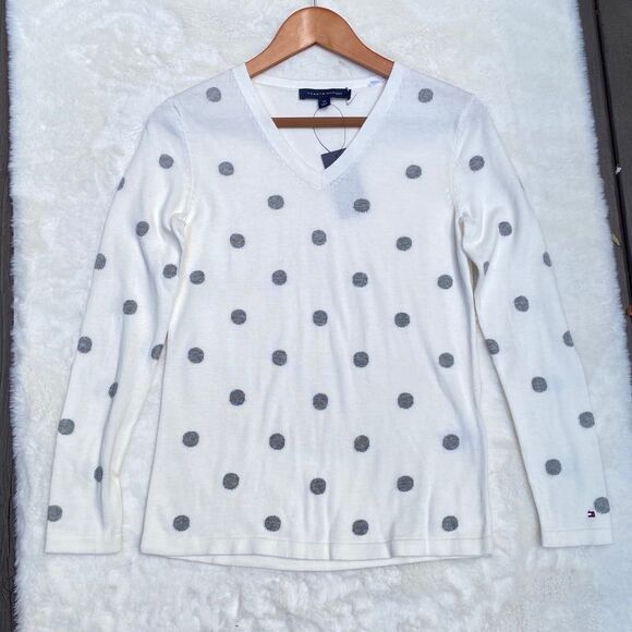NWT Tommy Hilfiger White grey Polka dots v neck sweater cotton Women's size S - Picture 1 of 12